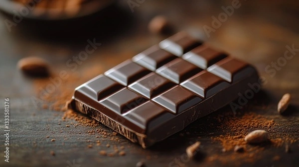 Fototapeta Delicious dark chocolate bar with cocoa powder and almonds