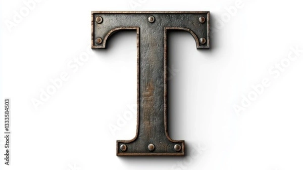 Fototapeta A metallic letter "T" adorned with rivets, showcased against a white background.