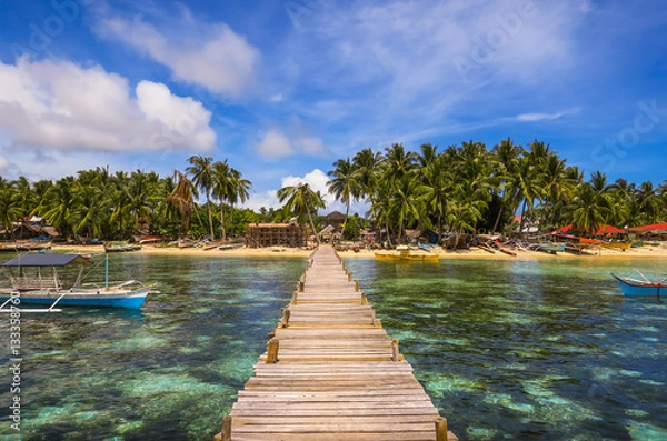 Obraz Wooden Dock and Fishing Village Landscape With Tide Pools and Palm Trees - Siargao Island, Mindanao - Philippines