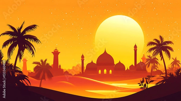 Obraz Sunset silhouette of a majestic palace surrounded by palm trees and sand dunes, evoking tranquility
