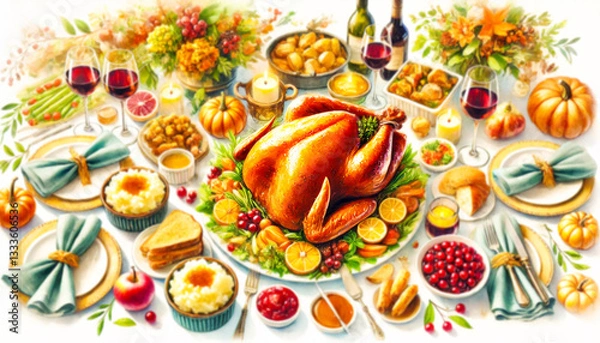 Obraz  beautifully arranged Thanksgiving dinner table with a golden roasted turkey.