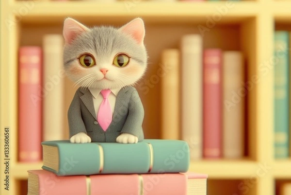 Fototapeta Adorable kitten in a suit sits atop books in a library, a charming image.