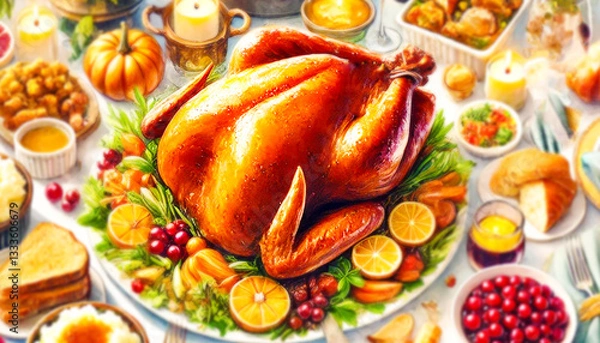 Obraz  beautifully arranged Thanksgiving dinner table with a golden roasted turkey.