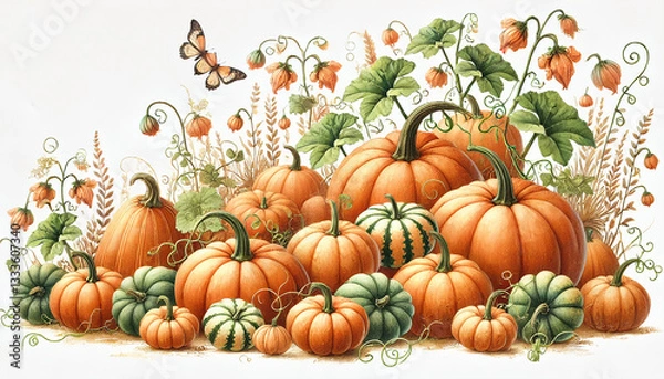Fototapeta A delightful pumpkin patch with pumpkins of various sizes and shades, surrounded by lush green vines and golden wheat. Isolated on white background. Created using generative AI.