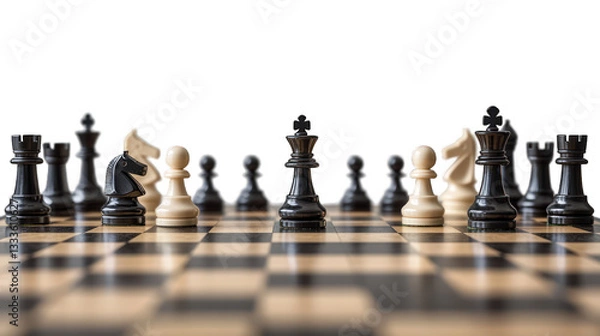 Fototapeta A detailed chessboard with pieces mid-game on a transparent background