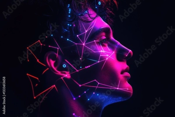 Fototapeta A profile of a person's face illuminated with vibrant pink and blue neon lights, forming a futuristic constellation-like pattern.