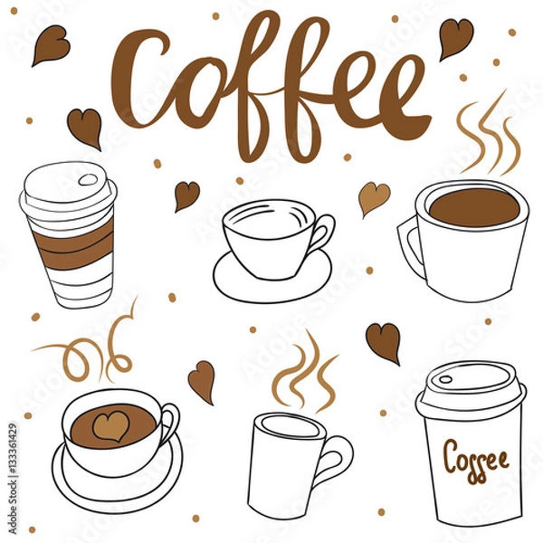 Fototapeta A set of cups for coffee. Doodle. Hand drawing. Morning invigorating drink.