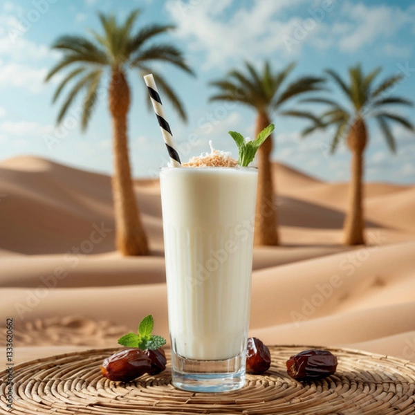 Obraz Refreshing Egyptian Sobia coconut drink served in a glass with palm trees and sandy desert in the background on a sunny day