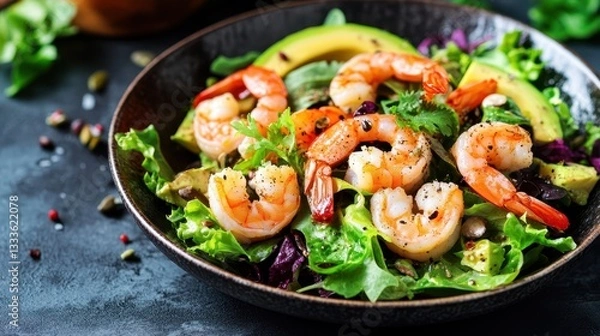 Fototapeta A vibrant salad featuring fresh avocado, mixed lettuce, and succulent shrimp, highlighting a healthy and appealing vegan food concept.