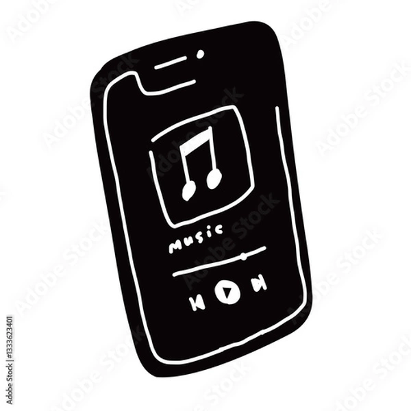 Fototapeta 音楽を聴いている画面のスマートフォンの手書きベクターイラストアイコン
