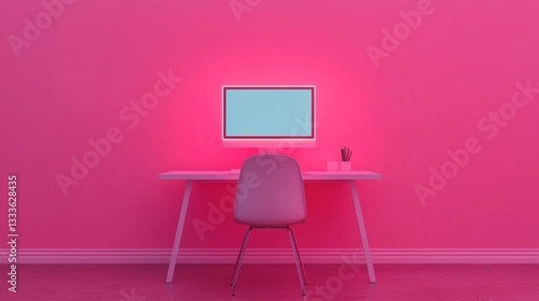 Obraz minimalist workspace with glowing computer monitor on white desk, set against vibrant pink wall