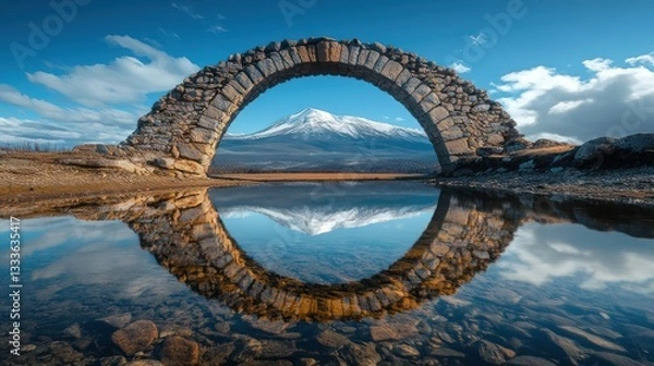 Fototapeta A picturesque stone arch bridge is reflected in a crystal-clear mountain lake, surrounded by distant snow-capped peaks and framed by a vibrant blue sky.