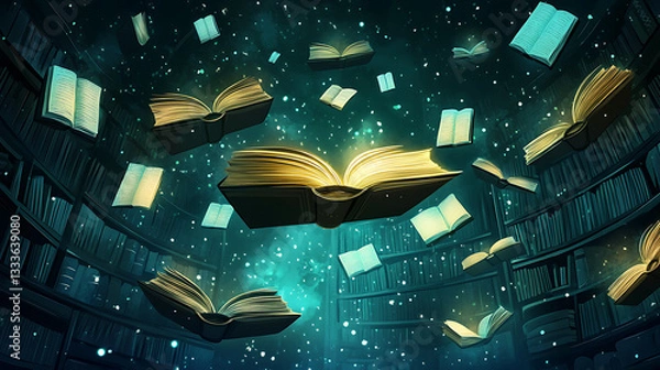Obraz Enchanted library with floating books and a starry background, creating a magical atmosphere