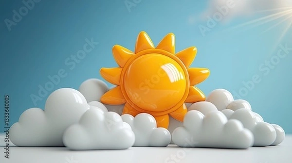 Fototapeta 3D icon of the sun and cloud, representing weather, isolated on a white background. 