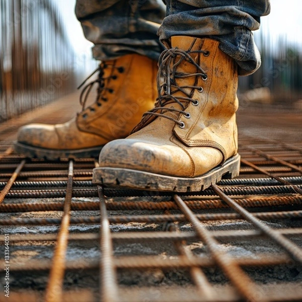 Fototapeta A close-up of a construction worker boots resting on steel reinforcement bars, symbolizing stability