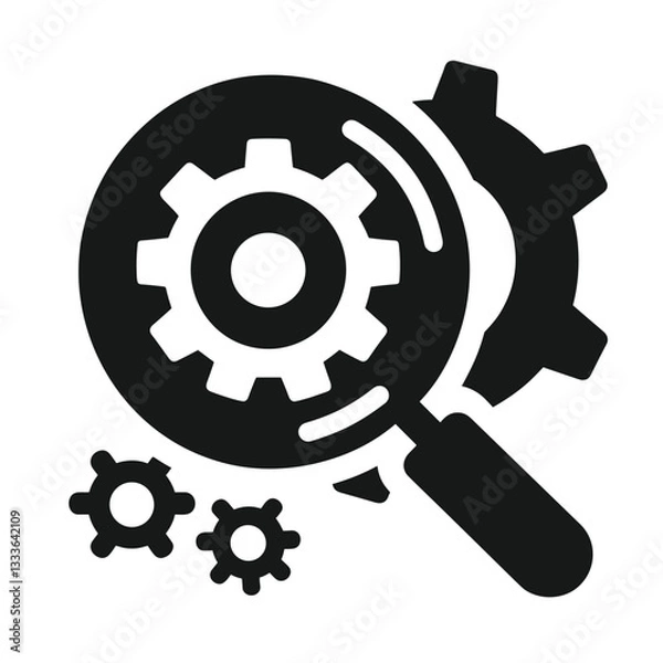 Obraz Magnifying glass icon focusing on gears for mechanics and engineering analysis concept on a transparent background
