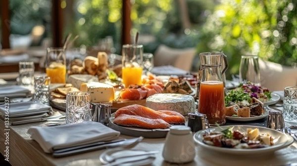 Fototapeta High-end hotel breakfast with a selection of cheeses, smoked salmon, and fresh juice on a beautifully set table.