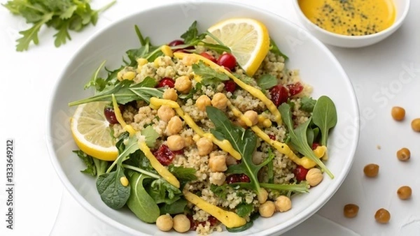 Fototapeta Quinoa Salad with Chickpeas, Fresh Greens, and Lemon Dressing, Isolated on a White Background, Healthy and Vibrant Meal Photography emphasizing nutrition and freshness.