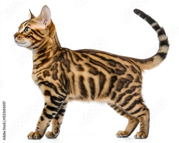 Fototapeta Beautiful Bengal Cat with Distinctive Coat Patterns Standing Elegantly Against a Bright White Background in a Studio Setting
