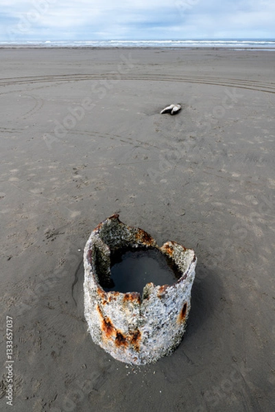 Fototapeta A weathered, rusty pipe sits prominently on the sandy beach, symbolizing the intersection of nature and man-made structures, and raising questions about environmental impact.