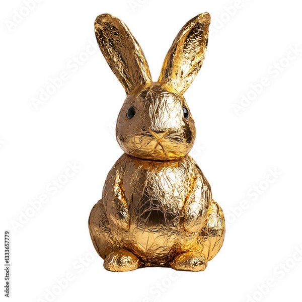 Fototapeta Close Up of Chocolate Bunny Wrapped in Gold Foil Isolated on Transparent Background