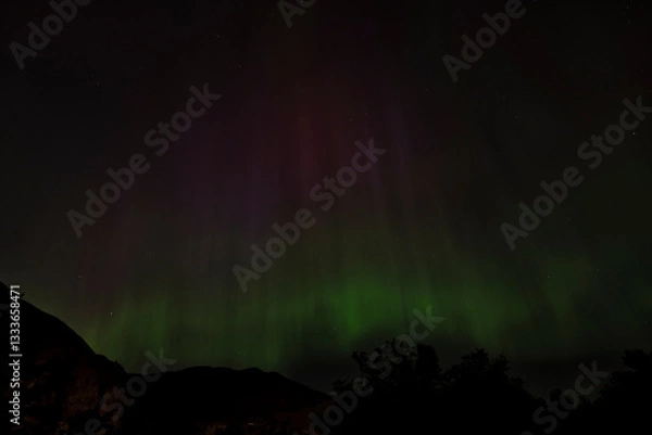 Fototapeta The mesmerizing Northern Lights illuminate the twilight with vibrant hues of green and purple, creating an enchanting spectacle against the dark silhouette of the mountains.