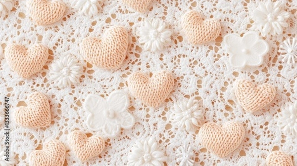 Fototapeta A Delicate Arrangement of Knitted Hearts and Floral Lace on a Light Background, Showcasing the Beauty of Handmade Textiles in a Soft Color Palette