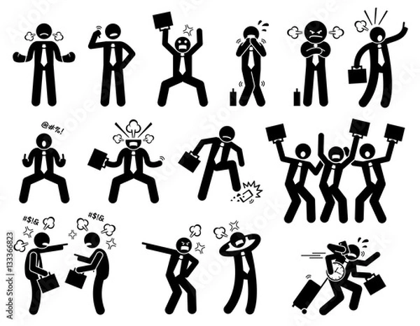 Obraz Niezadowolony biznesmen. Ten biznesmen jest zły, niezadowolony, wściekły i zdenerwowany. Narzeka, jest niegrzeczny, zrzędliwy, krzyczy i kłóci się z partnerem. Odmawia słuchania i zawsze jest zajęty pracą.