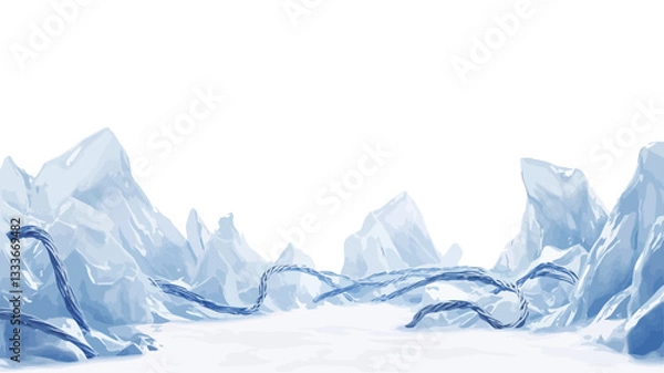 Fototapeta The image depicts a stylized landscape dominated by various shades of blue and white.  The foreground features a flat, snow-covered plane.  In the middle ground, several abstract, dark blue,