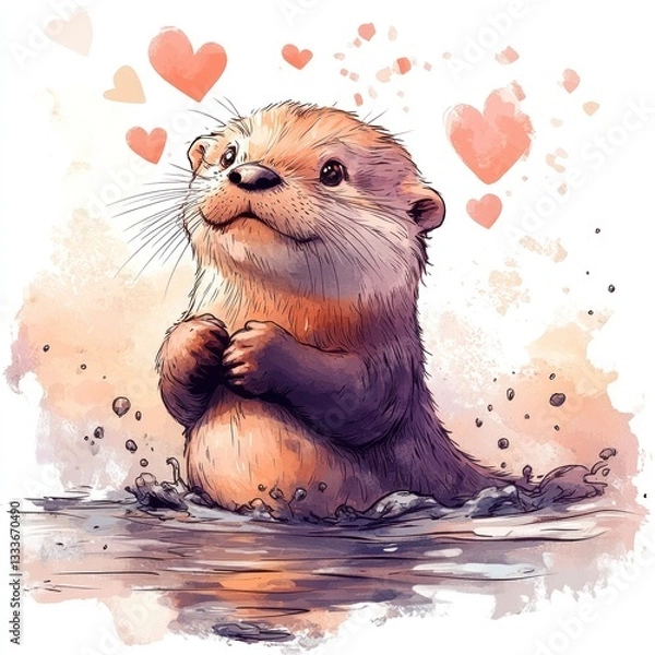 Obraz Cute otter in water with hearts, watercolor style