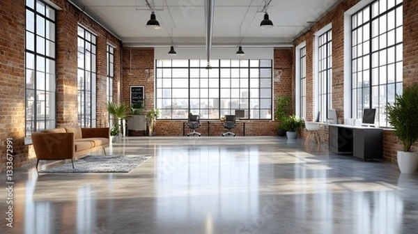 Fototapeta Bright open-plan office with stylish lighting and elegant furniture