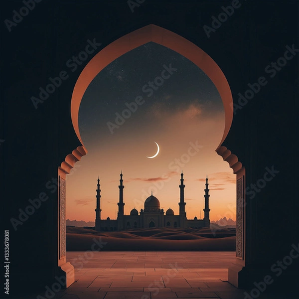 Fototapeta Eid Mubarak card with a backdrop of grand mosque arches, stars, and crescent moon, reflecting Ramadan Kareem.