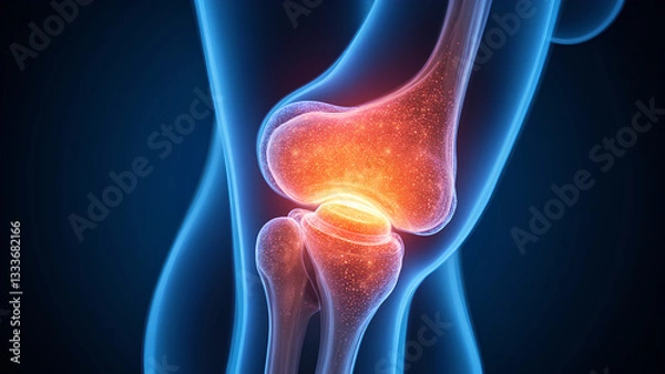 Fototapeta A digital illustration of a human knee joint highlighting inflammation, depicted with glowing effects to emphasize the affected area.