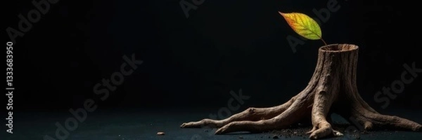 Fototapeta Desiccated tree trunk with single wilted leaf on black canvas background, brown, wilting leaves, botanical