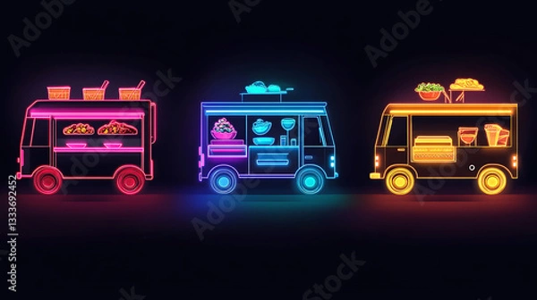 Obraz Colorful neon food trucks showcasing various cuisines against a dark backdrop, vibrant and inviting