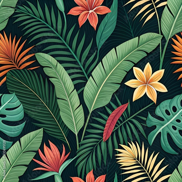 Fototapeta A seamless pattern filled with exotic jungle plants.