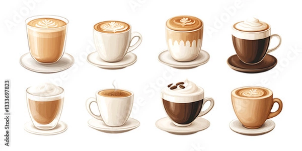 Fototapeta Pack Latte Coffee Set Against Transparent Background for Cafe Branding, Beverage Promotion, or Coffee Culture Design Projects