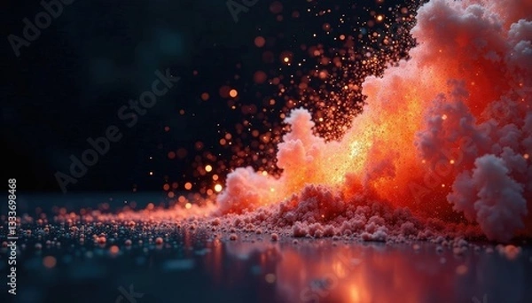 Fototapeta Filling the air with an ephemeral dust particle explosion on dark surfaces, sparkling, particle explosion