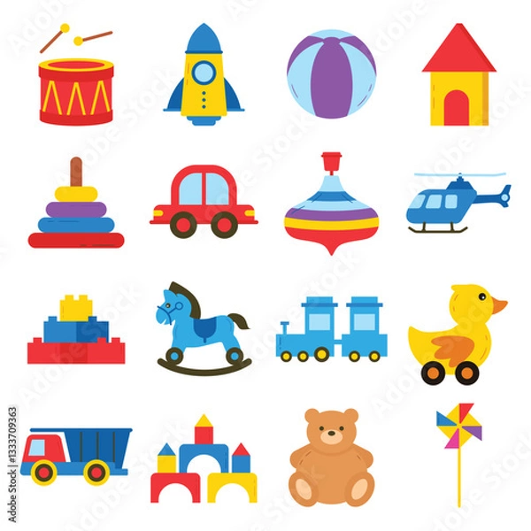 Obraz Children Toy illustration set. Includes of teddy bear, toy car, building blocks, puzzle, doll, and More. Vector flat color collection
