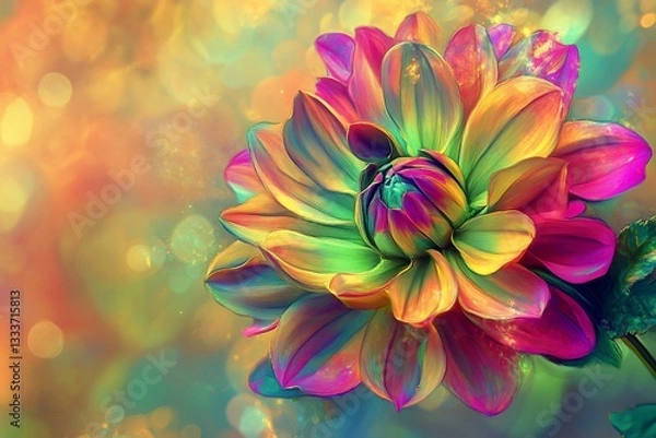 Fototapeta Vibrant colorful dahlia flower, bokeh background, artistic floral image