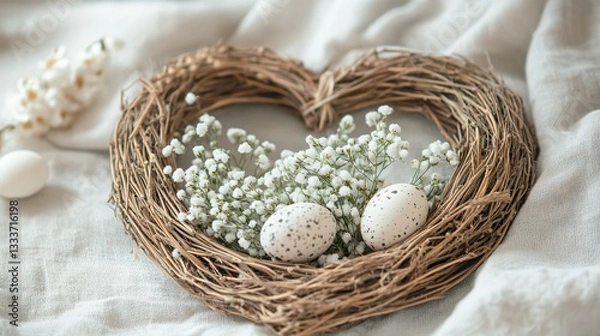 Fototapeta A heart-shaped floral wreath made entirely of Gypsophila, intertwined with Easter elements, isolated on a soft linen-textured background