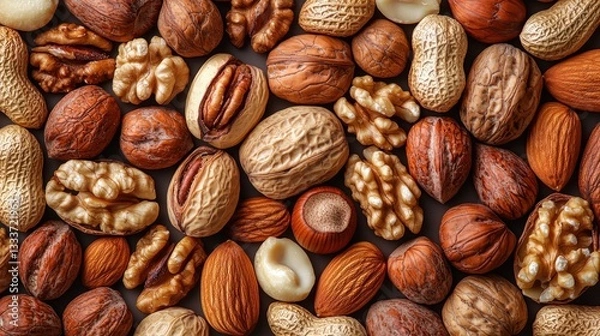 Fototapeta A close up view of a variety of nuts scattered around