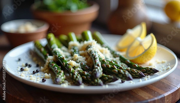 Fototapeta a close-up of grilled asparagus sprinkled with freshly grated parmesan, served on a white plate with lemon wedges and black peppe