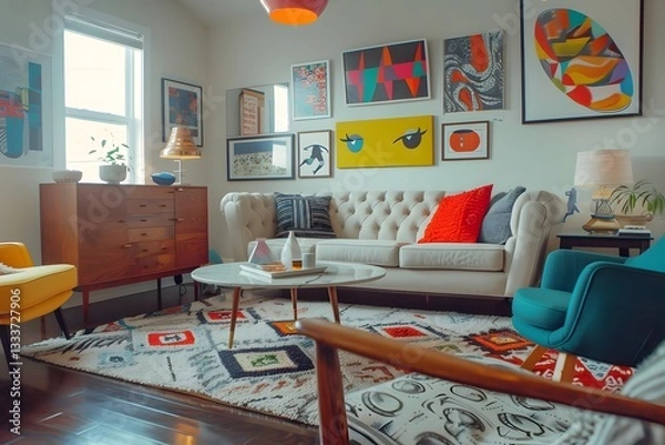 Fototapeta Mid-Century Modern Living Room Interior Design: Stylish Sofa, Colorful Artwork, and Geometric Rug Decorated with Vibrant Throw Pillows, Creating a Retro and Chic Atmosphere.
