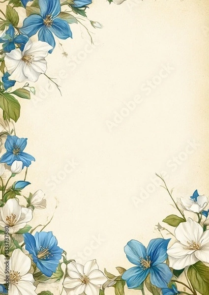 Fototapeta A blank page with an elegant border of blue and white flowers