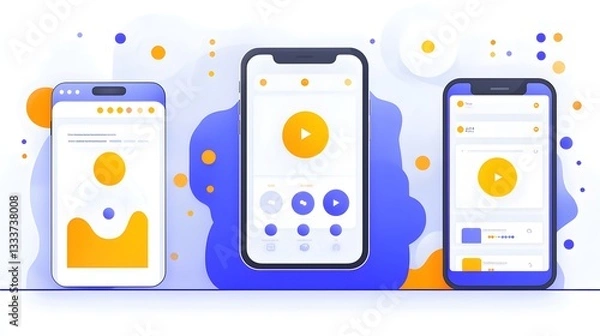 Fototapeta Mobile App Interface Design Three Smartphones Displaying Video Streaming and Media Player UI
