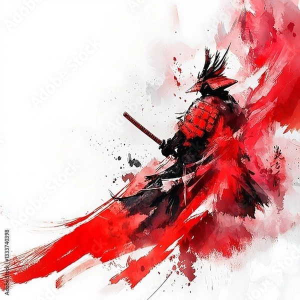 Fototapeta Crimson Samurai A Dynamic Abstract Painting of a Warrior. This illustration depicts a samurai in a vibrant red and black color scheme.
