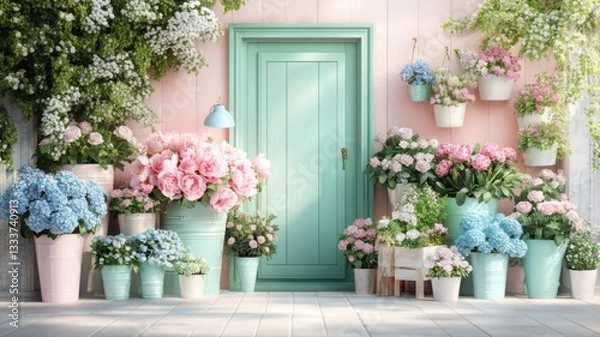 Fototapeta Charming Parisian flower shop with pastel decor and vibrant blooms Generative AI
