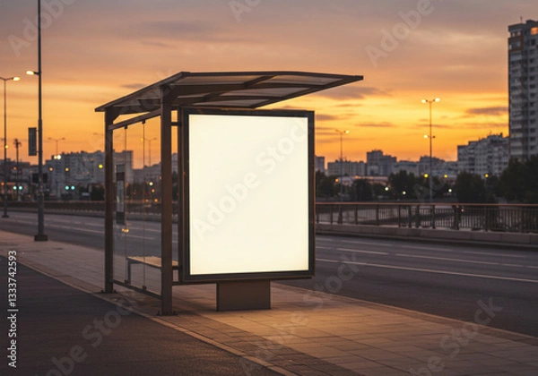 Fototapeta Outdoor bus stop with a bright ad board at dusk in an urban environment