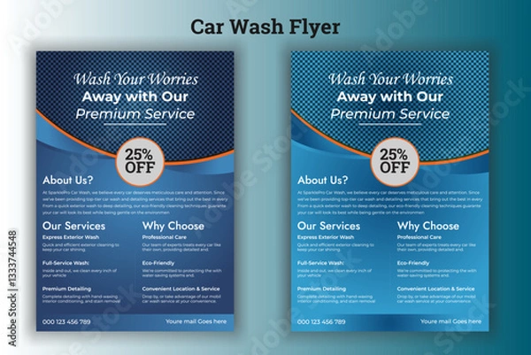 Fototapeta Vector layout design with car for car wash service. Adapt to poster, flyer or banner. A4 size.